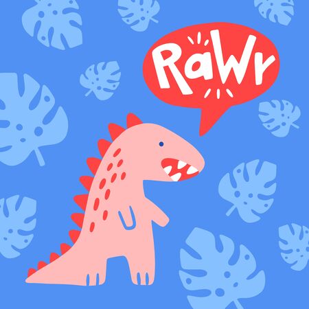 Cute dinosaur cartoon vector illustration with text rawr for prints and posters, invitation and greeting cardsのイラスト素材