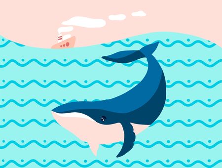 Card template with huge white whale swimming under the small steamboat. Flat style vector illustration.のイラスト素材
