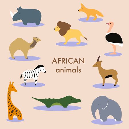 Collection of african animals and savannah mammals. Set of cute cartoon isolated characters and icons. Lion, elephant, giraffe, crocodile.のイラスト素材