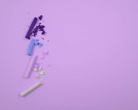 Pastel colors, white, purple-blue and light blue crayons or chalk sticks with broken pieces, element flat lay on neutral pastel purple. Copy space, off-center, artistic background, horizontal style.の写真素材