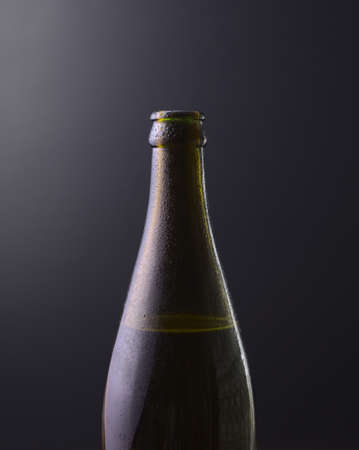 Front view of a bottle of cold beer with dark black background with purple gradient colors. Cold alcoholic beverage, international beer day concept.の写真素材