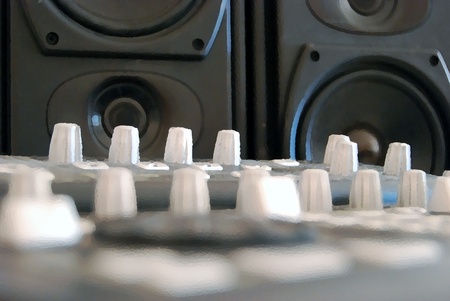 photo illustration of a mixer and speakers, black and white