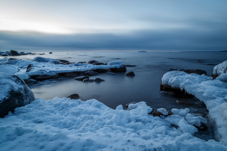 After sunset in winter at lakeの写真素材