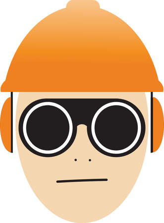 Job safety icon illustration vector, worker wearing glasses, helmet and ear protectionのイラスト素材