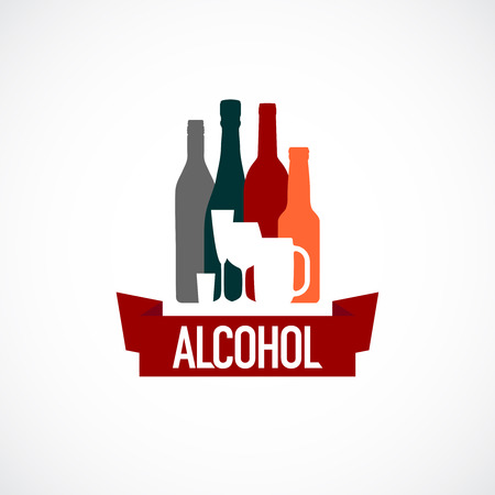 Alcohol sign. Different bottle and glass silhouettes.のイラスト素材
