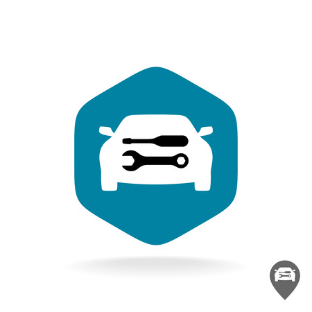 Auto repair logo. Car silhouette with wrench and screwdriver sign. Nut shape.のイラスト素材