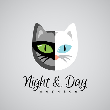 Cat face logo template. Dark gray and white color cats. Day and night 24 hours service concept.のイラスト素材