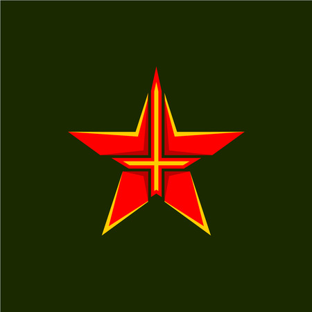 Military star symbol. Red star shape emblem with cross or sword inside.のイラスト素材