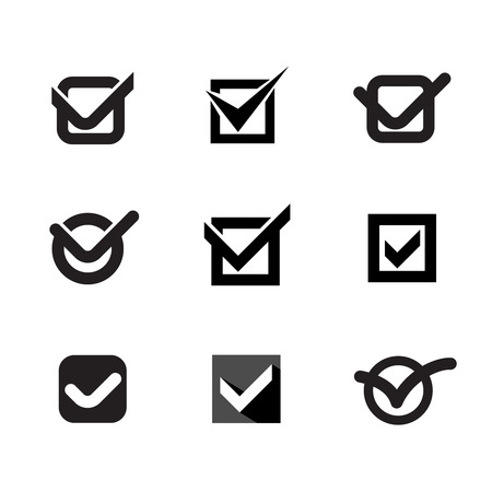 Simple black nine check marks set. Outline contour and flat styles.のイラスト素材