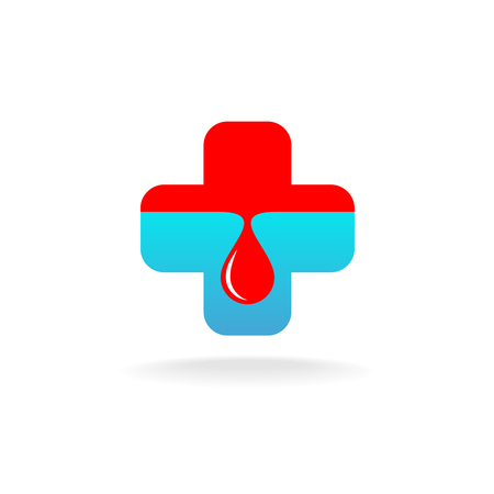 Blood donation logo. Medicine blue cross with red blood drop.のイラスト素材