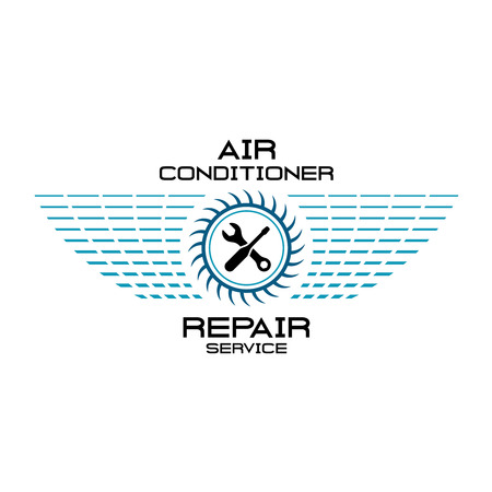 Air conditioner repair service team  . Wrench, screwdriver with fan silhouette and grid wings.のイラスト素材