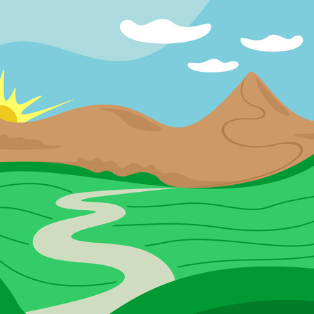 landscape illustration with far away road, mountains, sun and cloudsのイラスト素材