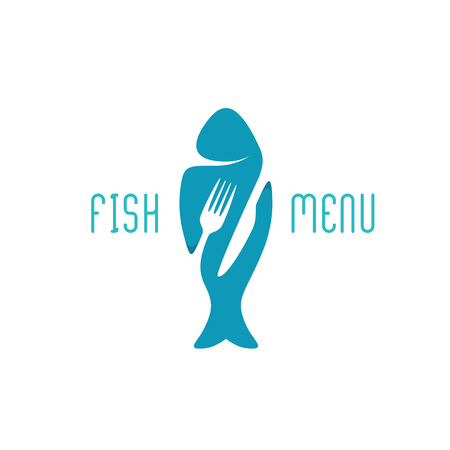Fish food restaurant menu title . Silhouette of a fish with negative space style fork and knife cutlery.のイラスト素材