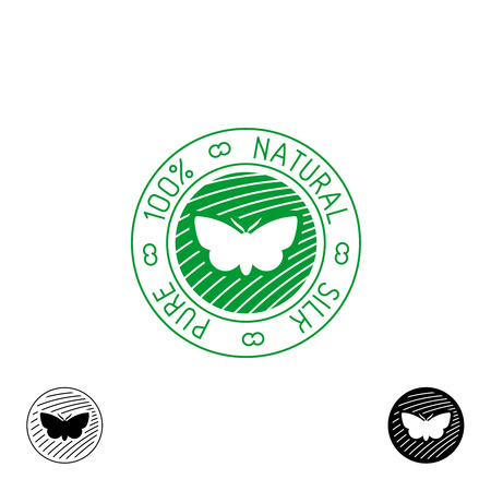 Silk . 100% pure natural silk badge for clothing. Silkworm butterfly silhouette with thin lines symbol.のイラスト素材