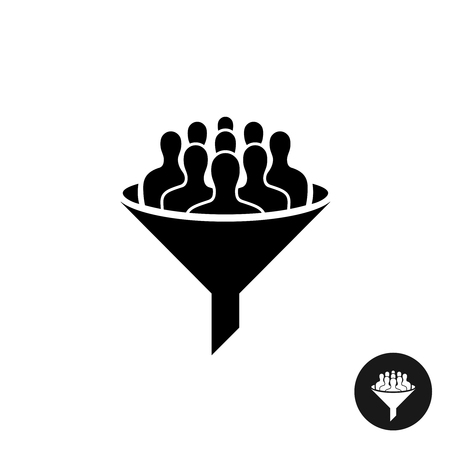 Crowdfunding icon. Crowd of people silhouette with black funnel filter symbol.のイラスト素材