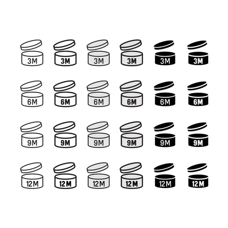 Expiration date after opened icons set. Round box with cap opened symbols. Shelf life signs.のイラスト素材