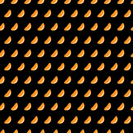 Mandarine slices on a black background seamless pattern. Tangerine pieces ordered and repeated periodically.のイラスト素材