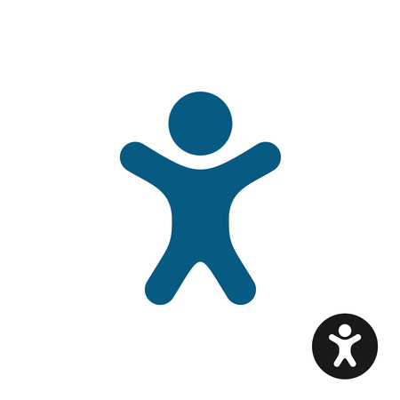 Boy icon. Small happy little kid blue silhouette with hands up.のイラスト素材