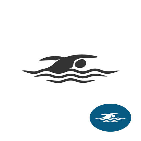 Swimming man black silhouette logo. Water waves with sportsman body symbol.のイラスト素材