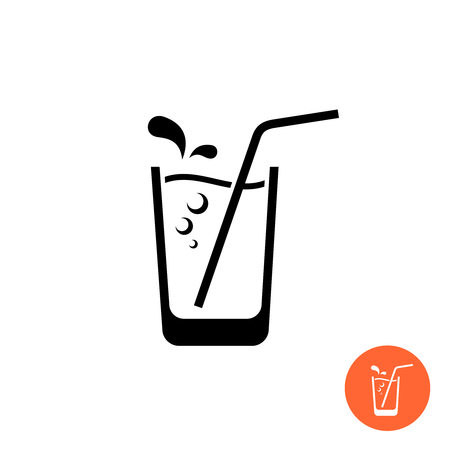 Glass of water or juice black icon. Glass with straw and sparkling bubbles.のイラスト素材