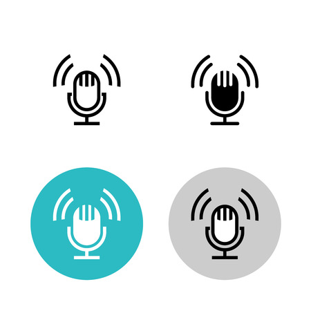 Podcast icon set. Black studio table microphone with sound broadcast waves symbols. Webcast audio record concept logo.