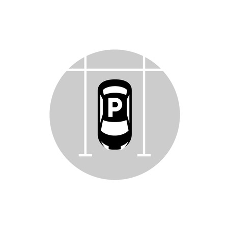 Car parking lot vector icon. Top view car silhouette with white parking lines and letter F above.のイラスト素材