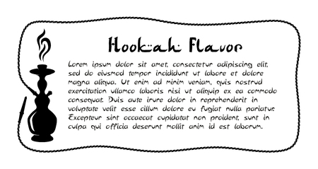 Hookah silhouette with smoke and long pipe tube as background frame. Tobacco pack rectangle design with text placeholder.のイラスト素材