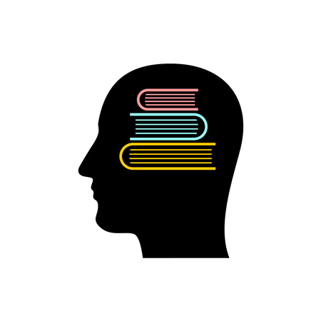 Head silhouette with stack of books inside. Knowledge store in memory symbol. Learning conceptual sign. Dictionary brain.のイラスト素材