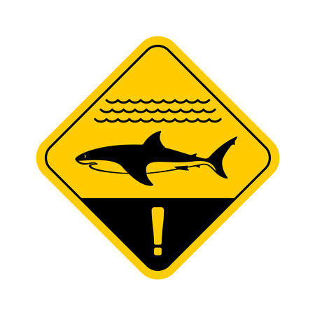 Shark warning sign with shark side view silhouette, sea waves surface and exclamation sign. Yellow rounded square traffic plate with danger swimming notice.のイラスト素材