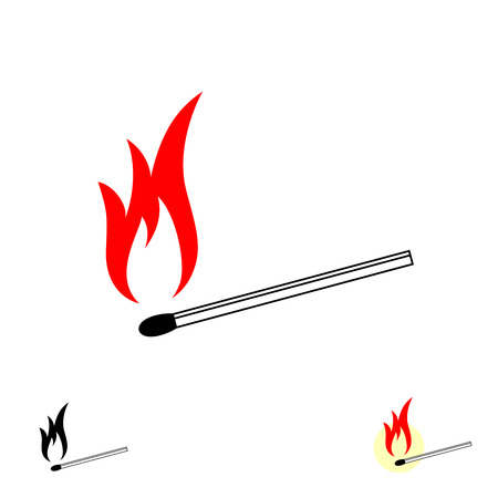 Match with fire. Burning match stick with red fire flame simple illustration. Black, red, white and yellow colors symbol. Vector illustration.のイラスト素材