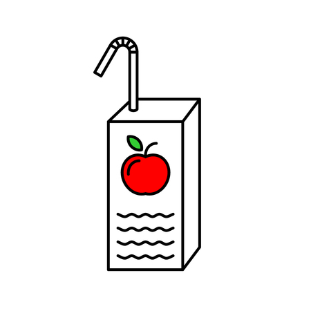 Juice box with red apple and straw line style illustration. Adjustable stroke.のイラスト素材