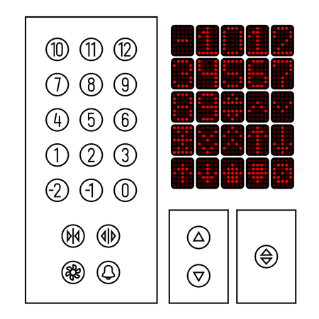 Elevator buttons icon set. Elements of elevator interior interface in a thin line style.のイラスト素材