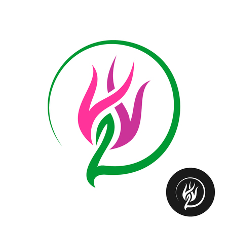 Flower abstract logo design. Elegant violet and purple flower head with thin long green leave around symbol.のイラスト素材