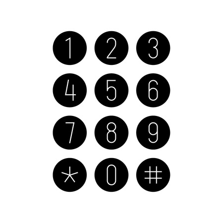 Phone or calculator keypad. Smartphone interface screen. Round buttons keyboard. Digit numbers set in a round icons. Black circles with white numbers. Adjustable outline stroke line width.のイラスト素材