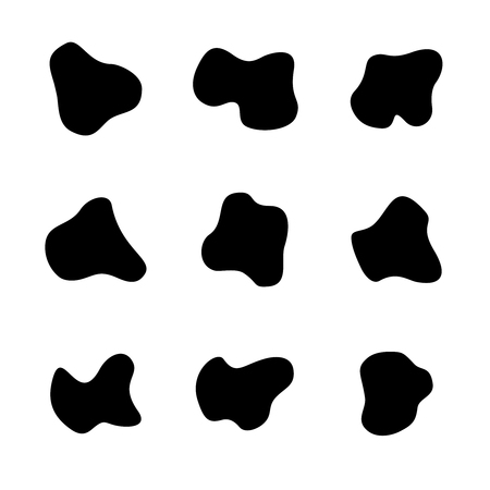 Black spots of different curve shapes set. Fluid smooth spots. Liquid symbols black on white background.のイラスト素材