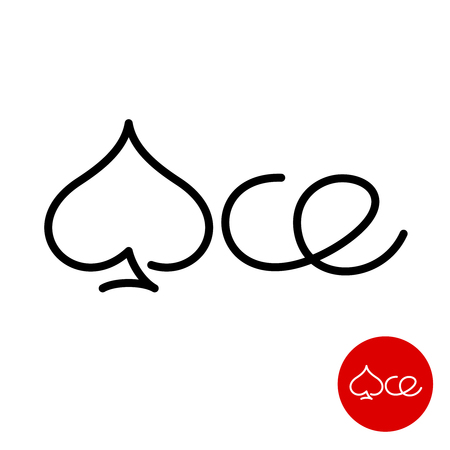 Ace word logo with spade symbol instead A letter. Lettering text poker cards theme outline sign. Spade suit line icon. Editable stroke width.のイラスト素材