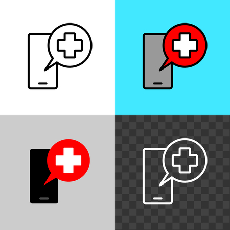 Call the doctor symbol. Smartphone silhouette with medical cross speaking round bubble. Medicine assist sign. Mobile chat with doctor for help. Editable stroke width.のイラスト素材
