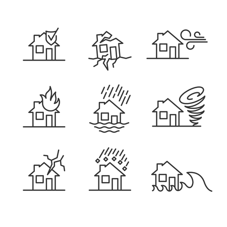 Natural disasters line style symbols. Accidents with house icons set. House insurance cases signs. Editable stroke width.のイラスト素材
