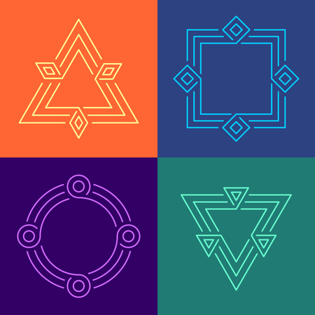 Creative geometric style linear frames set. Different color geometric shapes cornered frames with triple line borders. Editable stroke width.のイラスト素材