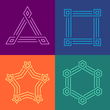 Creative geometric style linear frames set. Different color geometric shapes cornered frames with triple line borders. Editable stroke width.のイラスト素材