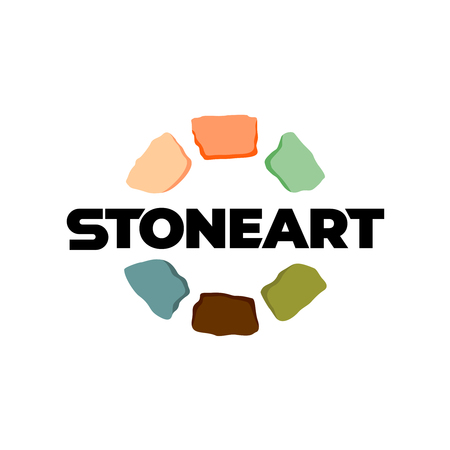 Stones logo. Creative color art stones around text sign. Colored construction bricks or interior craft elements symbol.のイラスト素材