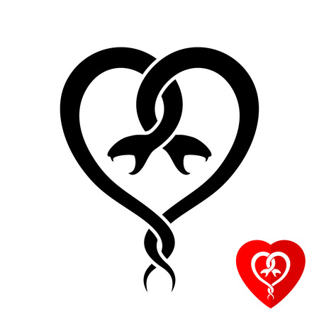 Two black snakes hug each other in a shape of heart tattoo. Love theme logo.のイラスト素材