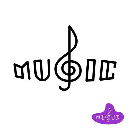 Music word logo with treble clef in a center. Line style musical symbol.のイラスト素材