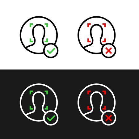 Face identification icons. Biometric person recognition symbols. Accept and decline user face ID. Head scan concept.のイラスト素材
