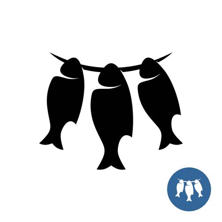 Dried fishes on a rope elegant style logo. Symbol of three hanged fishes for smoking or jerky. Sun dried sea product icon.のイラスト素材