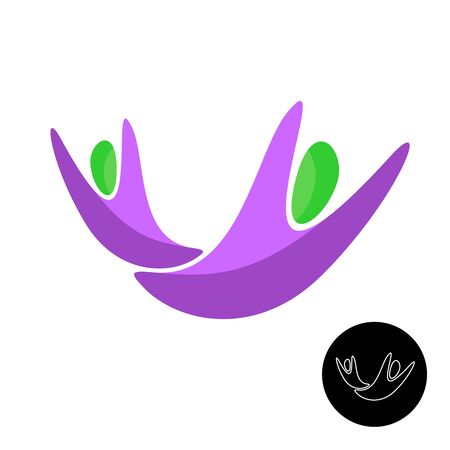 Two people with hands up logo. Colorful happines or success symbol. People fly up sign. Winners icon.のイラスト素材