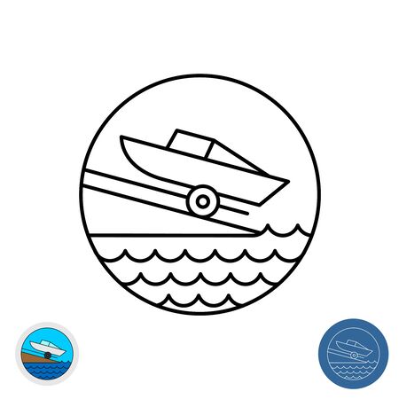 Boat ramp outline icon. Motor boat slip round sign. Marina launch place symbol with water waves.