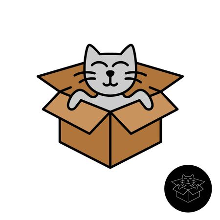 Cat from the box logo. Cute cartoon cat illustration come out from the cardboard cube box. Animals adoption symbol.のイラスト素材