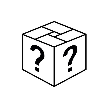 Loot box icon. Square cube outline box with question marks. Surprise gift symbol. 3D wonder chest.のイラスト素材