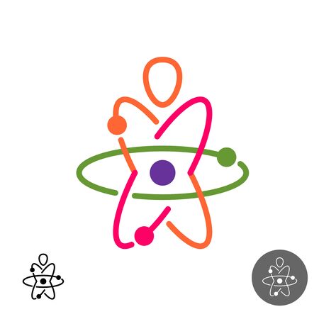 Science for kids logo. Colorful atom structure symbol with child silhouette inside. Adjustable line width.のイラスト素材